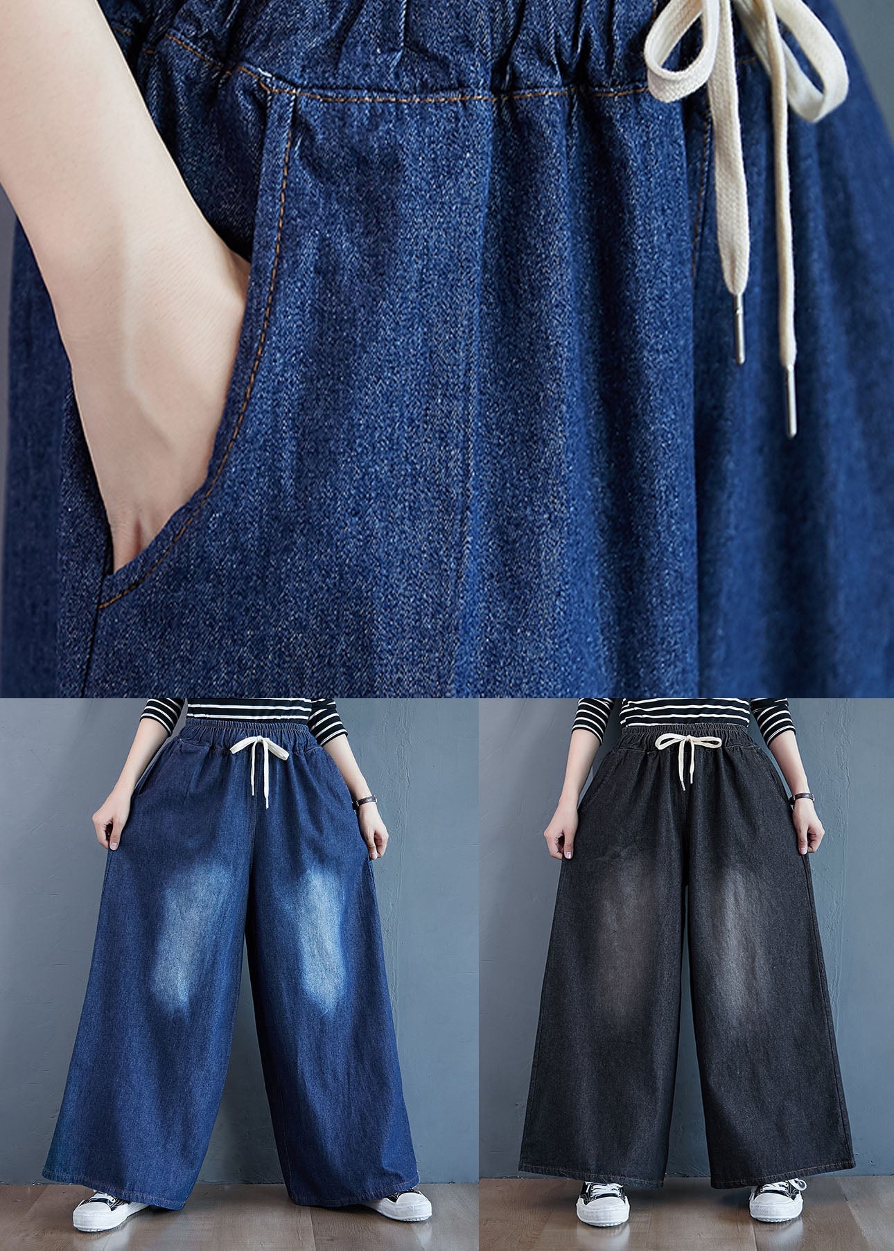 Organic Blue Pockets Elastic Waist Patchwork Denim Pants