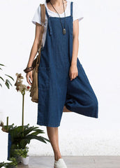 Organic Blue Pockets Solid Color Cotton Denim Jumpsuits Wide Leg Pants