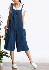 Organic Blue Pockets Solid Color Cotton Denim Jumpsuits Wide Leg Pants