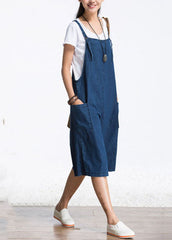 Organic Blue Pockets Solid Color Cotton Denim Jumpsuits Wide Leg Pants