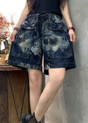 Organic Blue retro Print Pockets denim shorts