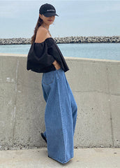 Organic Denim Blue Zip Up Pockets Wide Leg Pants