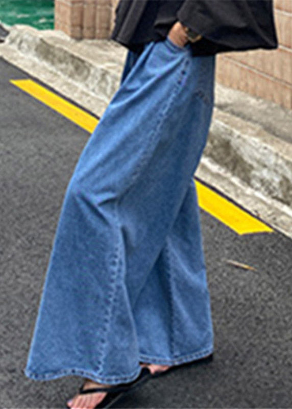 Organic Denim Blue Zip Up Pockets Wide Leg Pants