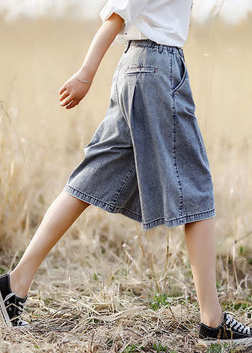 Organic Grey Elastic Waist Pockets Cotton Denim Crop Pants