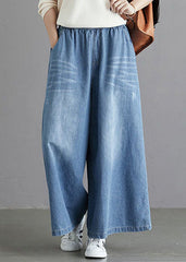 Organic Light Blue Elastic Waist Pockets Cotton Wide Leg Denim Pants