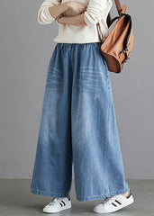 Organic Light Blue Elastic Waist Pockets Cotton Wide Leg Denim Pants