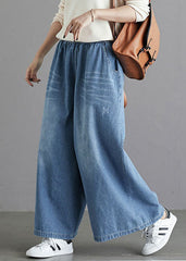 Organic Light Blue Elastic Waist Pockets Cotton Wide Leg Denim Pants