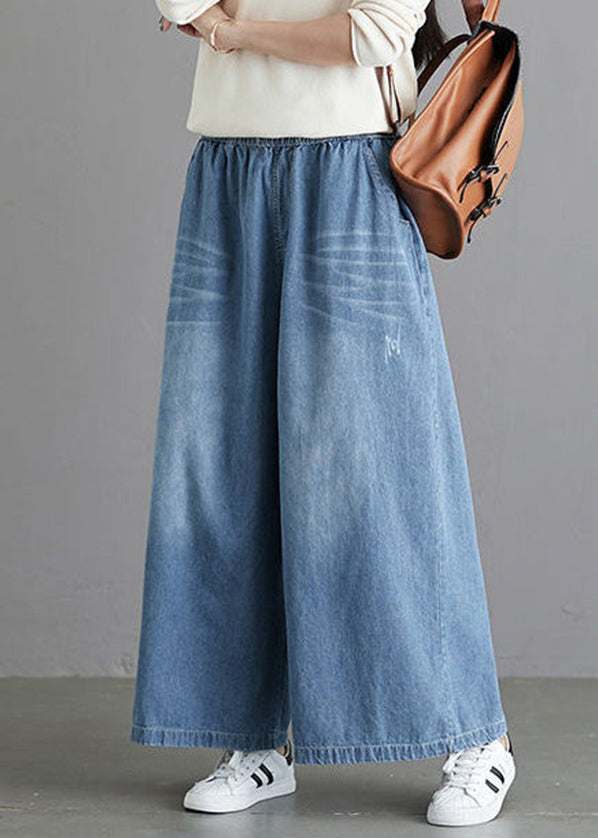 Organic Light Blue Elastic Waist Pockets Cotton Wide Leg Denim Pants