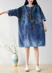 Organic Navy O Neck Patchwork Denim Dresses Half Sleeve