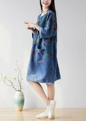 Organic Navy O Neck Patchwork Denim Dresses Half Sleeve