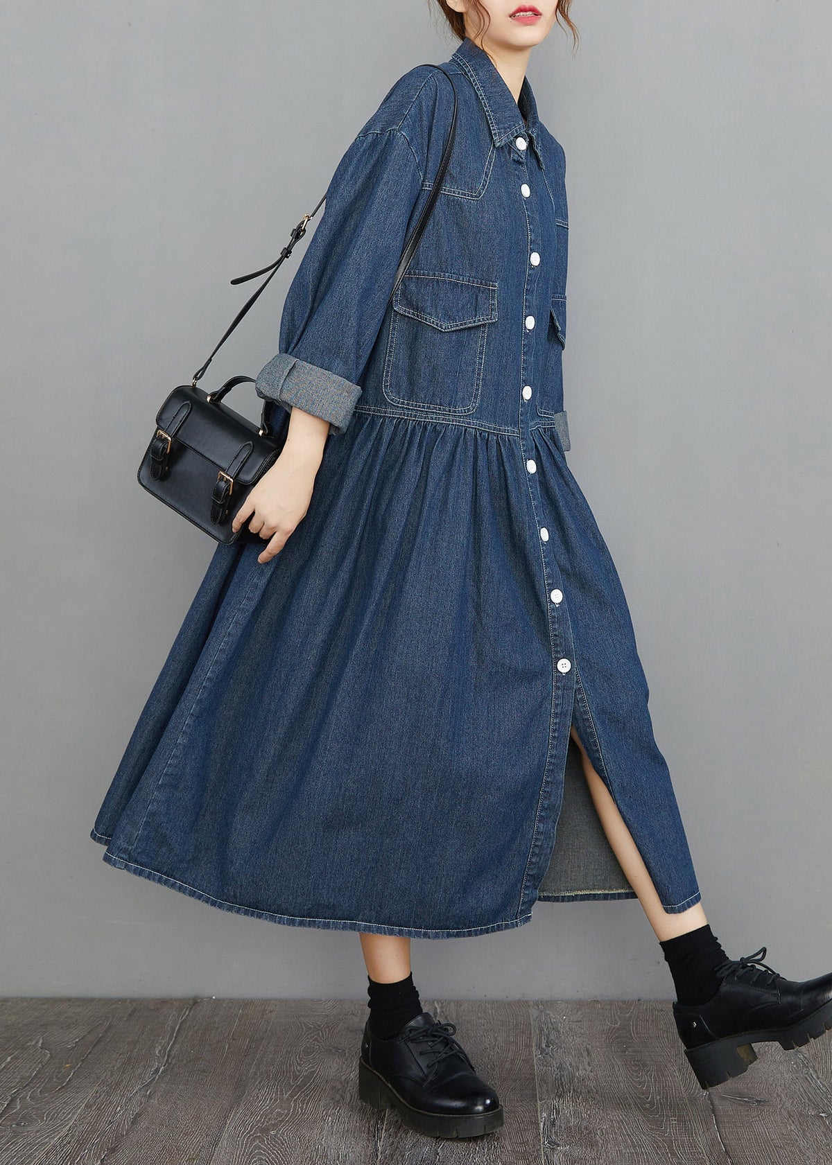 Organic Navy Oversized Patchwork Wrinkled Denim Vacation Dresses