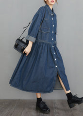 Organic Navy Oversized Patchwork Wrinkled Denim Vacation Dresses