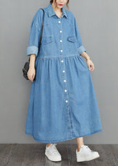 Organic Navy Oversized Patchwork Wrinkled Denim Vacation Dresses