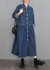 Organic Navy Oversized Patchwork Wrinkled Denim Vacation Dresses