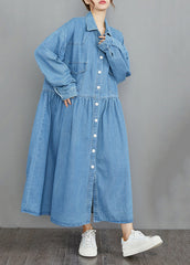 Organic Navy Oversized Patchwork Wrinkled Denim Vacation Dresses