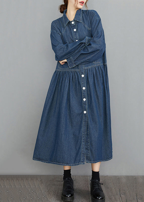 Organic Navy Oversized Patchwork Wrinkled Denim Vacation Dresses