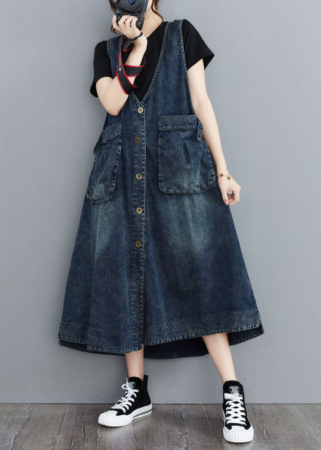 Organic Navy V Neck Pockets Patchwork Denim Sundress Sleeveless