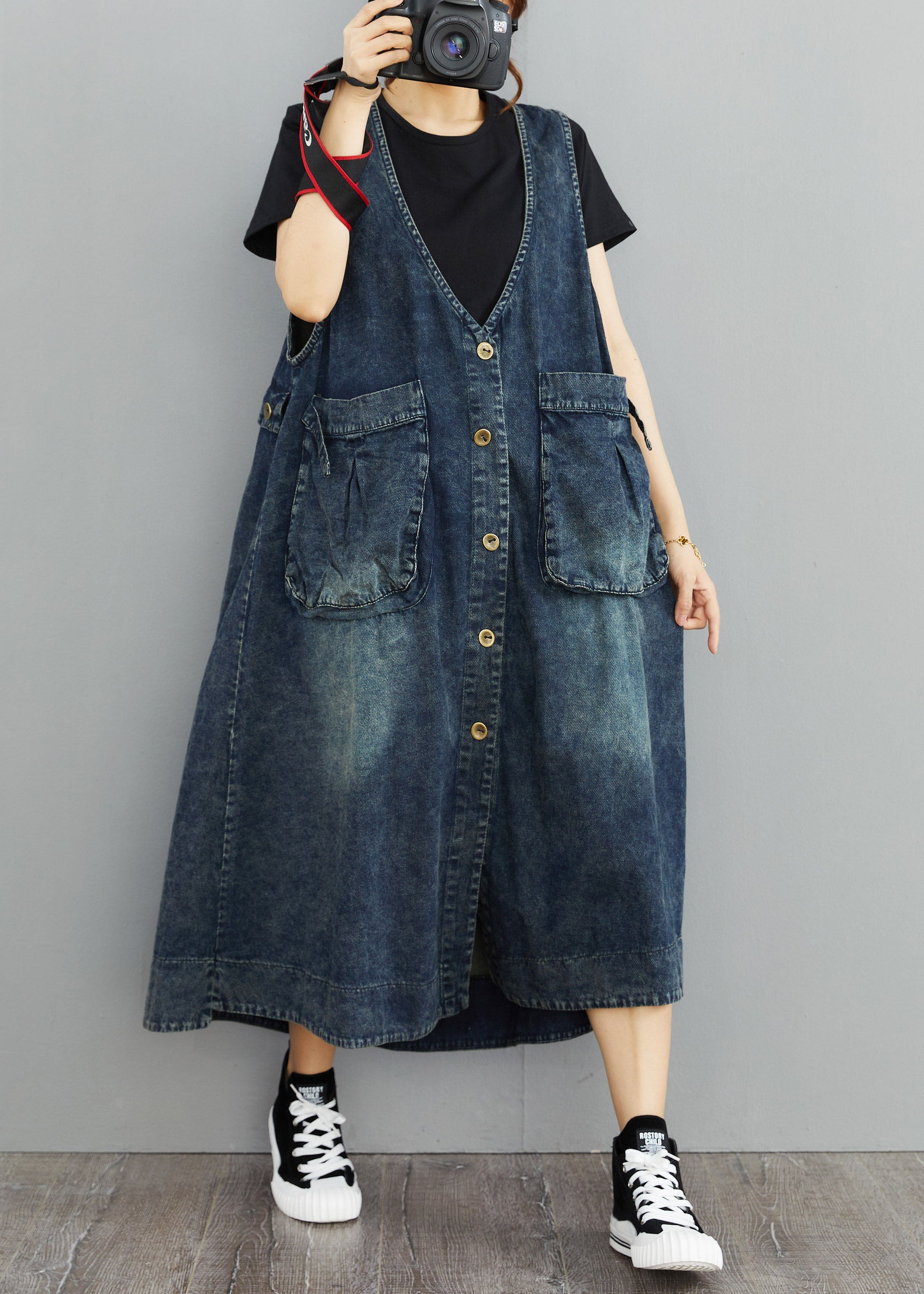 Organic Navy V Neck Pockets Patchwork Denim Sundress Sleeveless