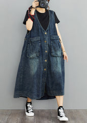 Organic Navy V Neck Pockets Patchwork Denim Sundress Sleeveless