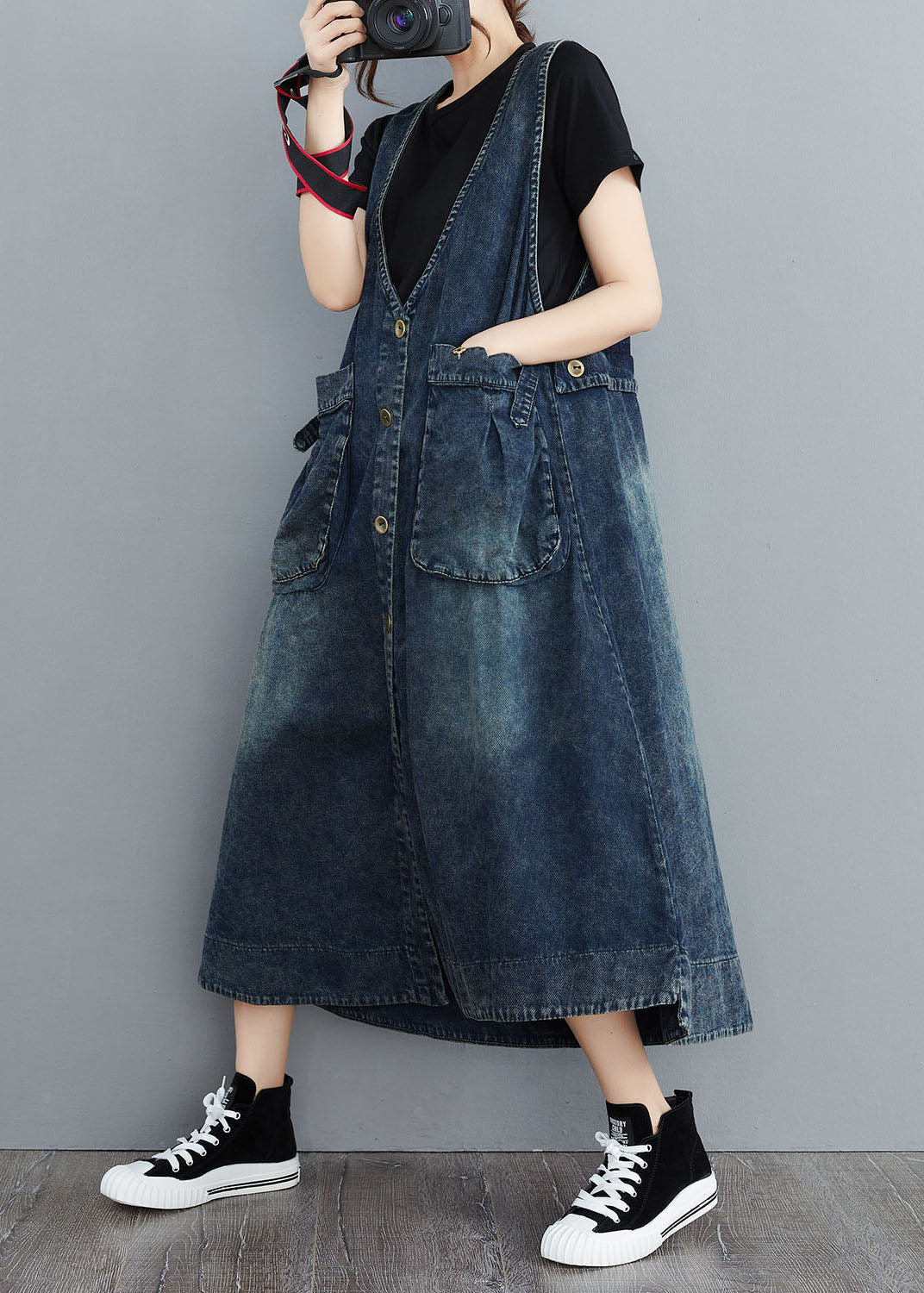 Organic Navy V Neck Pockets Patchwork Denim Sundress Sleeveless