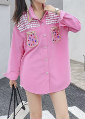 Organic Pink Peter Pan Collar Nail Bead Zircon Patchwork Denim Blouses Long Sleeve