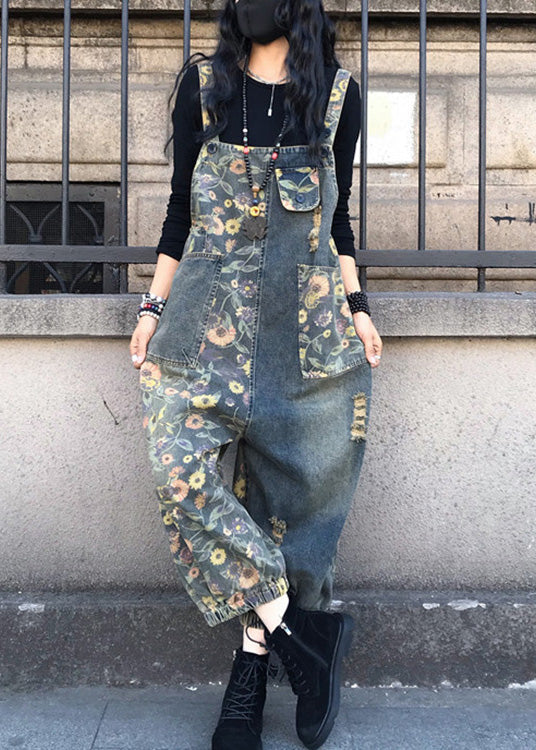 Organic Slash Neck Print Patchwork Denim Jumpsuit