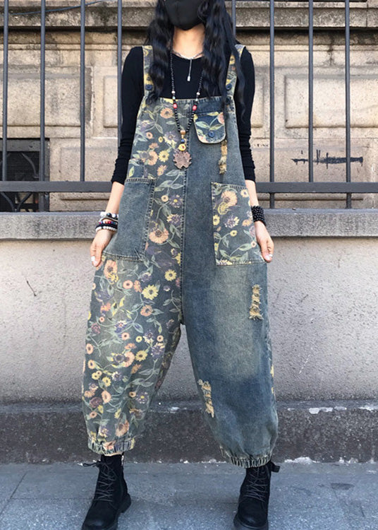 Organic Slash Neck Print Patchwork Denim Jumpsuit