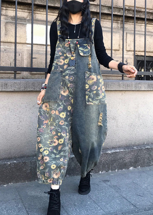 Organic Slash Neck Print Patchwork Denim Jumpsuit