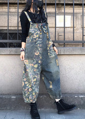 Organic Slash Neck Print Patchwork Denim Jumpsuit