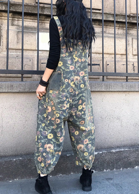 Organic Slash Neck Print Patchwork Denim Jumpsuit