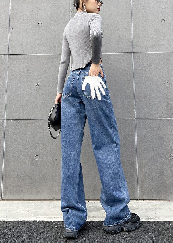 Organic Wide Leg Pants Stylish Denim Blue Photography Hole High Waist Pants