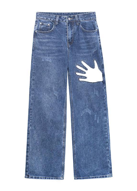 Organic Wide Leg Pants Stylish Denim Blue Photography Hole High Waist Pants