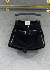 Original Design Black Zip Up Pockets Patchwork Denim Shorts