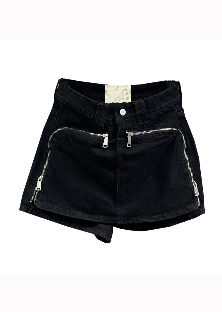 Original Design Black Zip Up Pockets Patchwork Denim Shorts