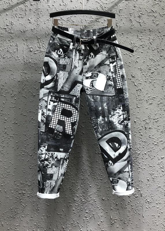 Original New Letter Geometry Printed Denim Pants Autumn