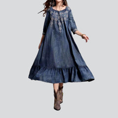 Ornament embroidery long denim dress