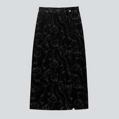 Ornament print long denim skirt