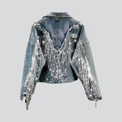 Oversized fringe denim jacket for women