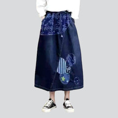 Painted patchwork maxi jean skirt