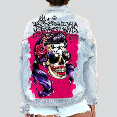 Jeansjacke mit bemaltem Totenkopf-Print für Damen