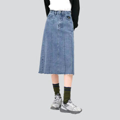 Panda embroidery midi denim skirt