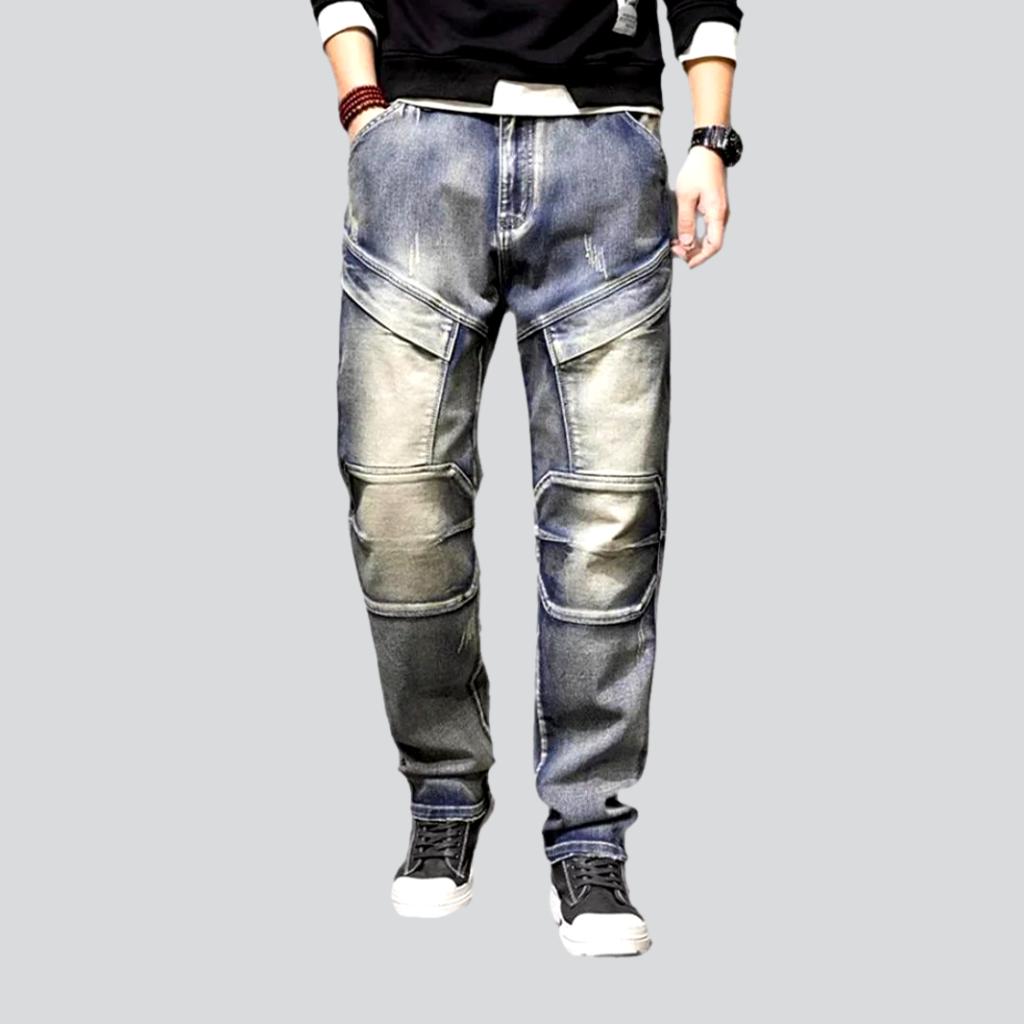 thumbnail image 2 of Men's Vintage Denim Pants - Patchwork, Zipper, Washed Folds, Casual Big & Tall Fit 2 of 10