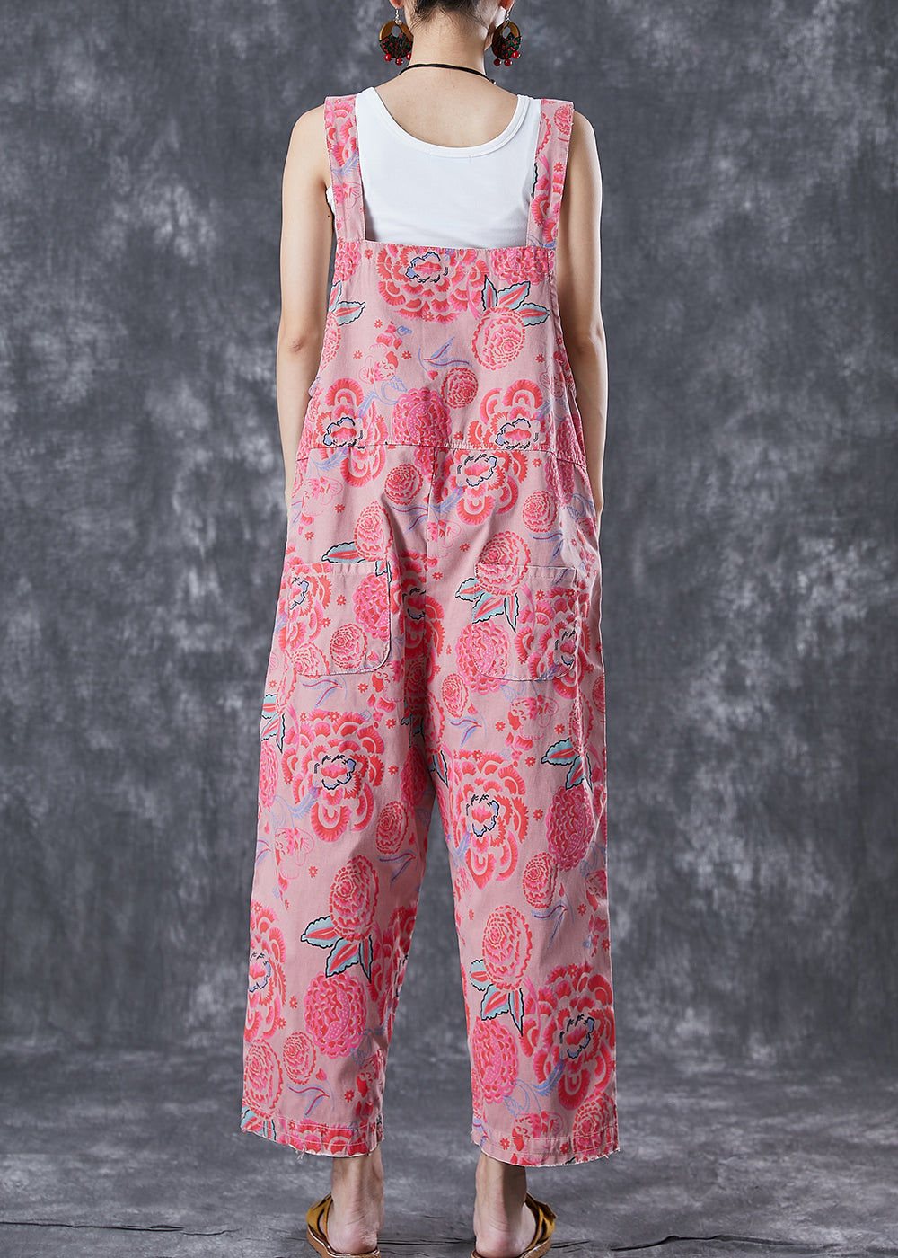 Pink Print Denim Jumpsuit Oversized Pockets