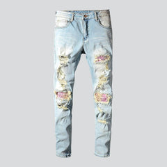 Pink patchwork distressed men jeans