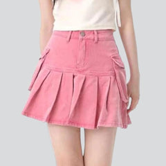 Pink pleated cargo denim skirt