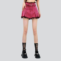 Pink pleated mini denim skirt