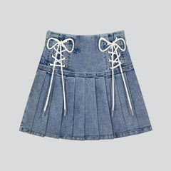 Pleated denim skirt with drawstrings