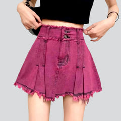 Pleated over-dyed pink denim skirt