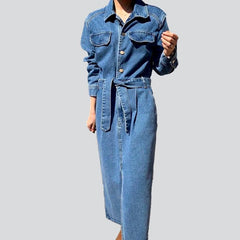 Pleated waistline long denim dress