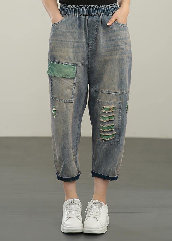 Plus Size  Blue Elastic Waist Hole Denim  Pants